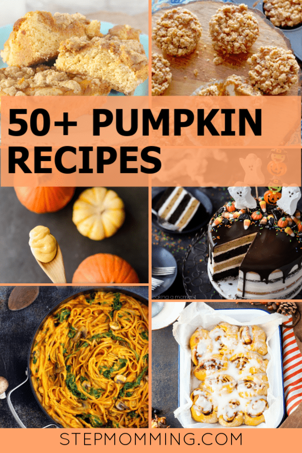 Think beyond the pumpkin pie! 50+ delicious pumpkin recipes perfect for Halloween, Thanksgiving, and Fall holidays, potlucks, parties, and general eating! You'll LOVE these #pumpkinrecipes #pumpkinspice #pumpkinspicerecipes #thanksgivingrecipes #halloweentreats #halloweenrecipes #halloweendinner #pumpkindessert #pumpkinbreakfast #pumpkinsnack